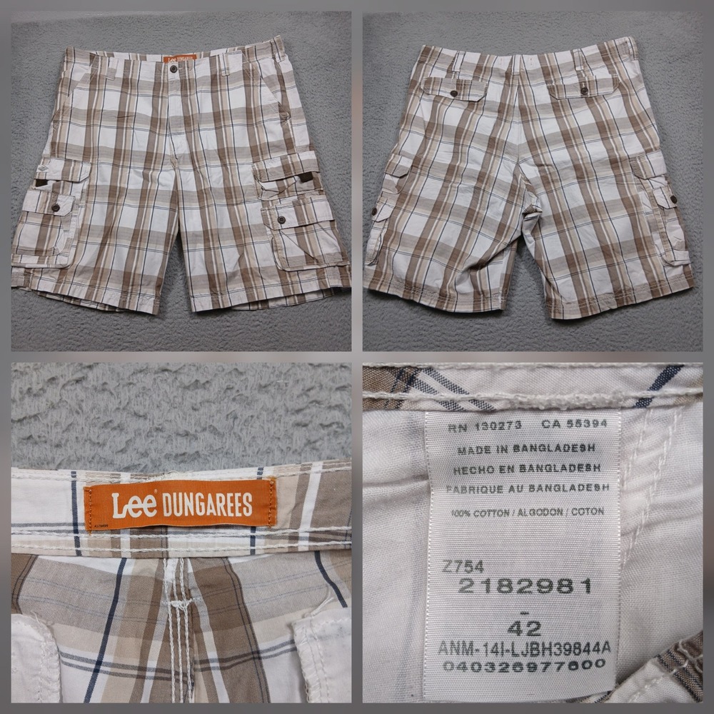 Lee Dungarees Cargo Shorts Men 42 Brown‎ Plaid 100% Cotton